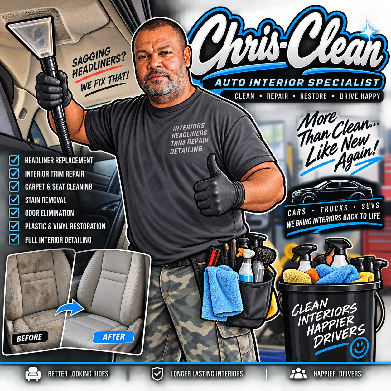 Chris-Clean auto interior specialist illustration featuring headliner repair, interior trim restoration and detailing
